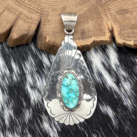 1990s Native American NAVAJO Sterling Silver & Turquoise Teardrop Pendant Stamps - Picture 1 of 3